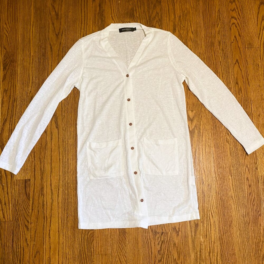 Merokeety women's juniors petites white long button up cardigan top small thin/l